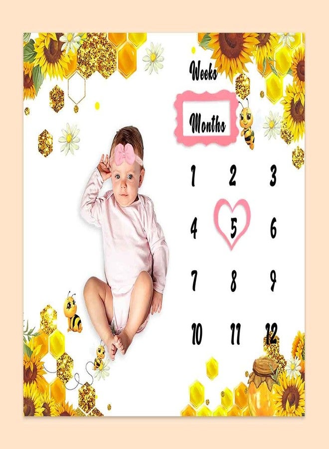 PHMOJEN Baby Monthly Milestone Blanket| Sunflower Bee Honeycomb Golden Honey Pot | Newborns 1 to 12 Months Unisex Include 4 Frames and 1 Headband 48"x40" BTQQPH118 - Image 1